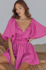 Chic Puff Sleeve Crop Ruffle High Waist Mini Two Piece Dress - Pink