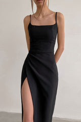 Chic Square Neck High Slit Bodycon Sleeveless Formal Maxi Dress - Black