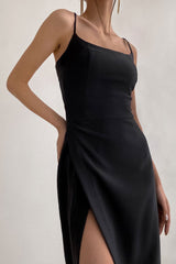 Chic Square Neck High Slit Bodycon Sleeveless Formal Maxi Dress - Black