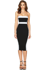 Classic Contrast Spaghetti Strap Bandage Cocktail Party Midi Dress - Black