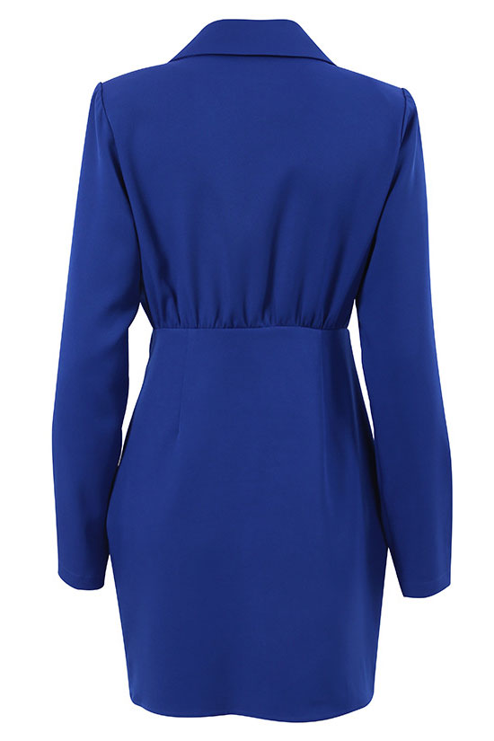 Classic Lapel Collar Shoulder Pad Ruched Long Sleeve Mini Dress - Royal Blue