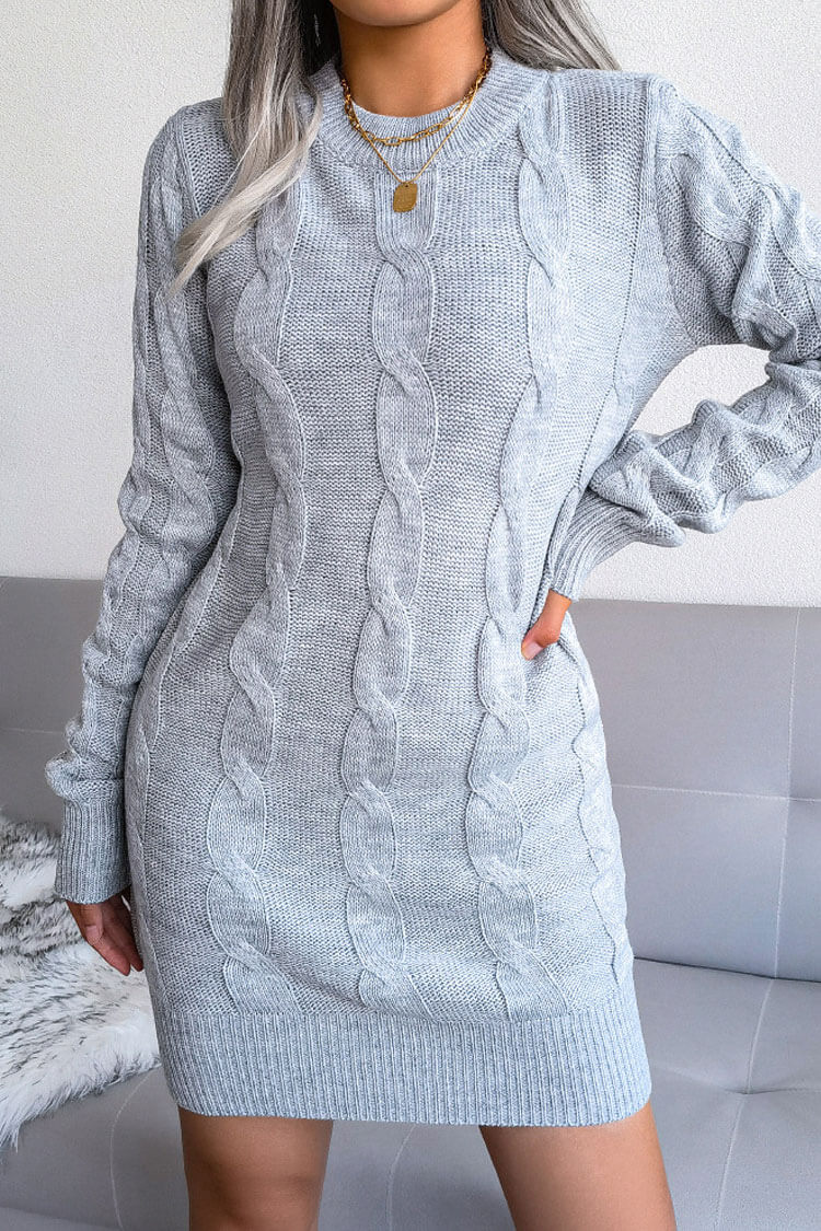 Classic Long Sleeve Winter Cable Knit Pullover Sweater Mini Dress - Gray