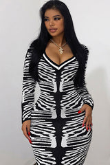 Classic Zebra Print V Neck Long Sleeve Bodycon Sweater Midi Dress - Black