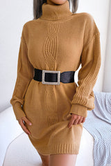 Cosy Winter Turtleneck Pullover Cable Knit Sweater Mini Dress - Khaki