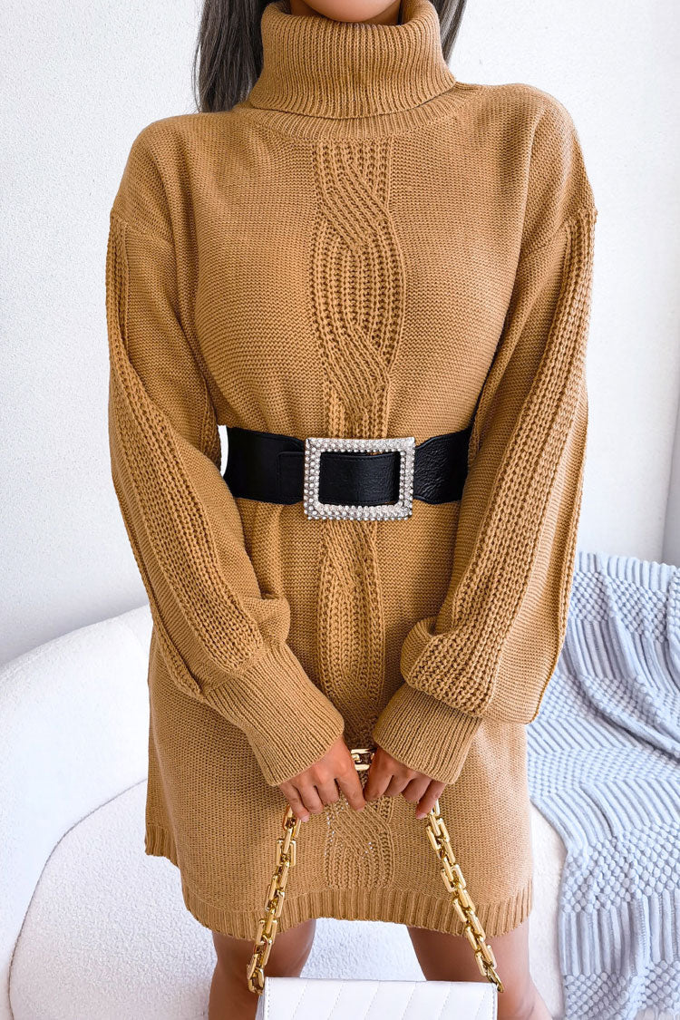 Cosy Winter Turtleneck Pullover Cable Knit Sweater Mini Dress - Khaki