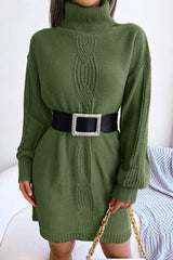 Cosy Winter Turtleneck Pullover Cable Knit Sweater Mini Dress - Army Green