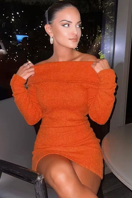 Cozy Chic Foldover Off Shoulder Winter Sweater Mini Dress - Burnt Orange