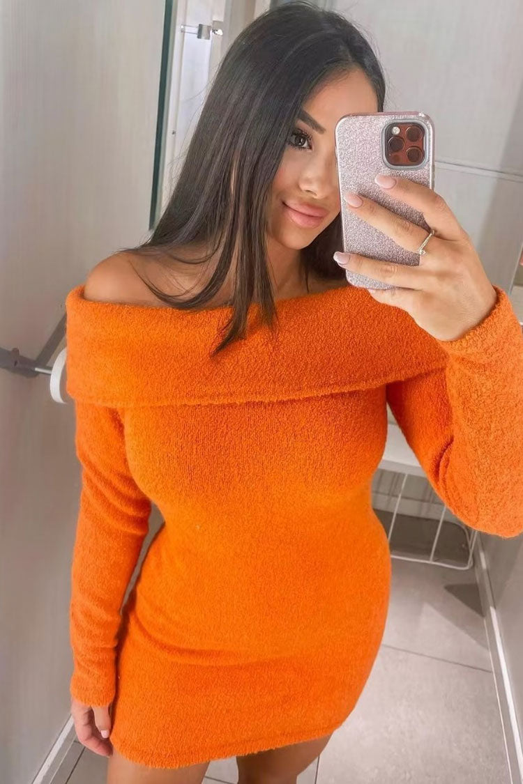 Cozy Chic Foldover Off Shoulder Winter Sweater Mini Dress - Burnt Orange