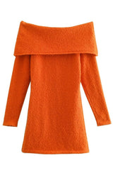 Cozy Chic Foldover Off Shoulder Winter Sweater Mini Dress - Burnt Orange