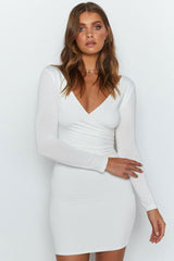 Cozy Long Sleeve V Neck Ruched Bodycon Mini Dress - White