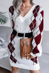 Cozy Two Tone Argyle Rib Knit V Neck Winter Sweater Mini Dress - Wine Red