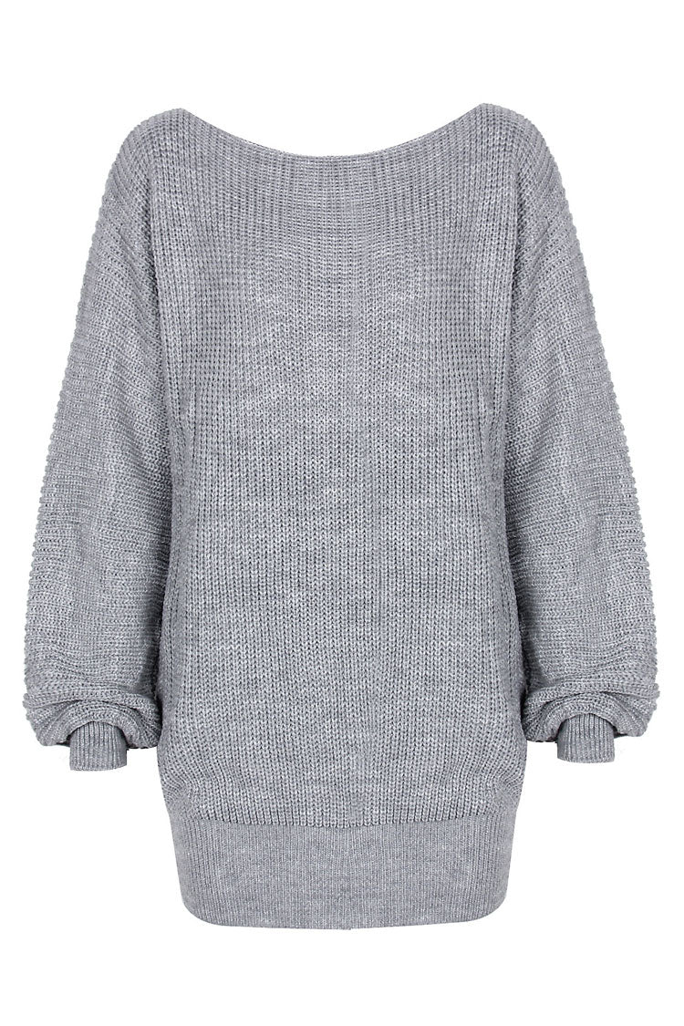 Cozy Winter Boat Neck Long Sleeve Textured Sweater Mini Dress - Gray