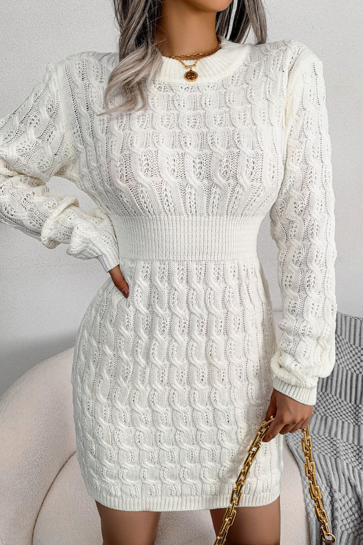 Cozy Winter Fisherman Cable Knit Bodycon Sweater Mini Dress - White