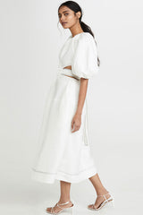 Cute Belted Puff Sleeve Cutout Beach Vacation Midi Dress - White