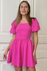 Cute Square Neck Puff Sleeve Fit & Flare Textured Skater Mini Dress - Hot Pink