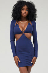 Deep V Cutout Bodycon Long Sleeve Mini Dress - Navy Blue