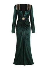 Deep V Long Sleeve Fringe Evening Maxi Dress - Emerald Green