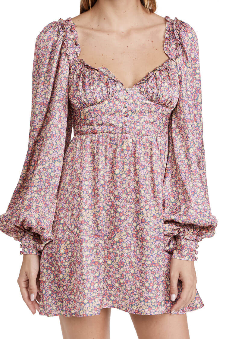 Ditsy Printed Sweetheart Puff Sleeve Babydoll Mini Dress - Pink