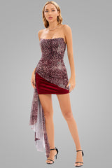 Draped Leopard Mesh Velvet Strapless Bodycon Mini Dress - Burgundy