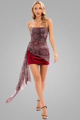 Draped Leopard Mesh Velvet Strapless Bodycon Mini Dress - Burgundy