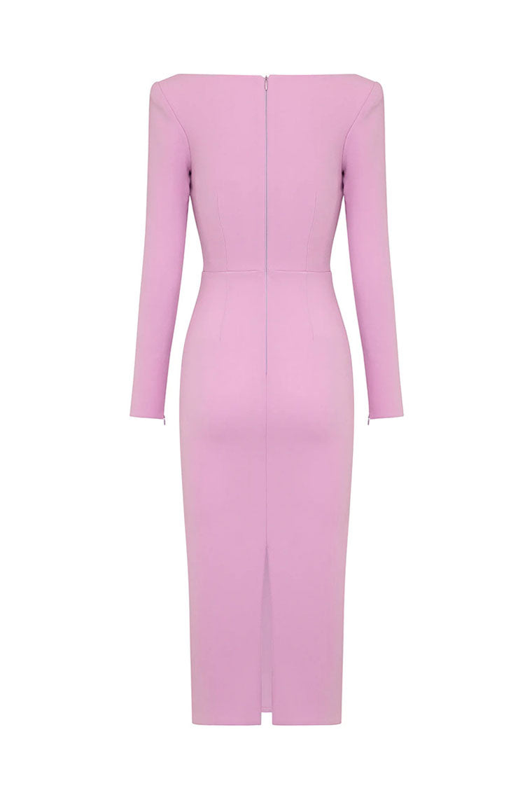 Elegant Long Sleeve Cutout Bandage Cocktail Midi Dress - Pink