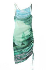 Elegant Sleeveless Drawstring Ruched Printed Midi Dress - Green