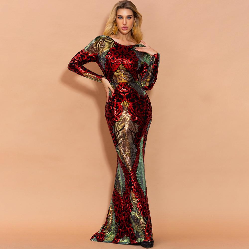 Scarlet Shimmering Brocade Sequin Backless Dress