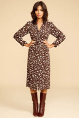 Floral Print Long Sleeve Button Up French Shirt Midi Dress - Coffee