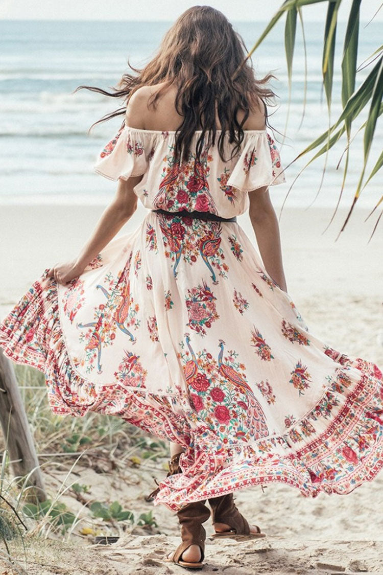 Floral Print Off Shoulder Cutout High Low Boho Style Maxi Dress - Red