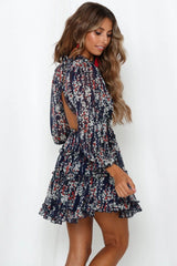 Floral Print V Neck Chiffon Ruffle Beach Vacation Dress - Navy Blue