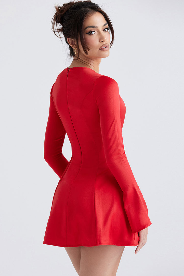 Flowy Crew Neck Long Sleeve Fit & Flare Holiday Satin Mini Dress - Red