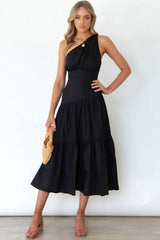 Flowy One Shoulder Tiered Beach Vacation Midi Dress - Black