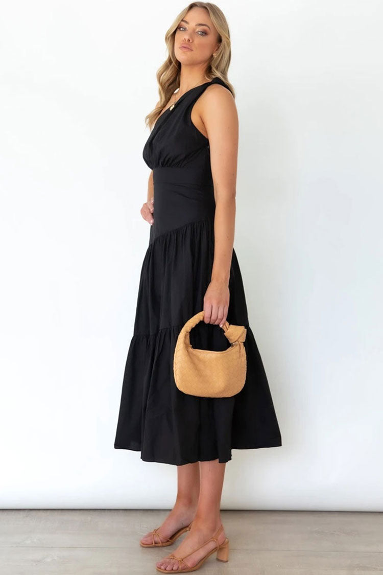 Flowy One Shoulder Tiered Beach Vacation Midi Dress - Black