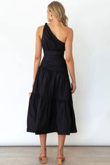 Flowy One Shoulder Tiered Beach Vacation Midi Dress - Black