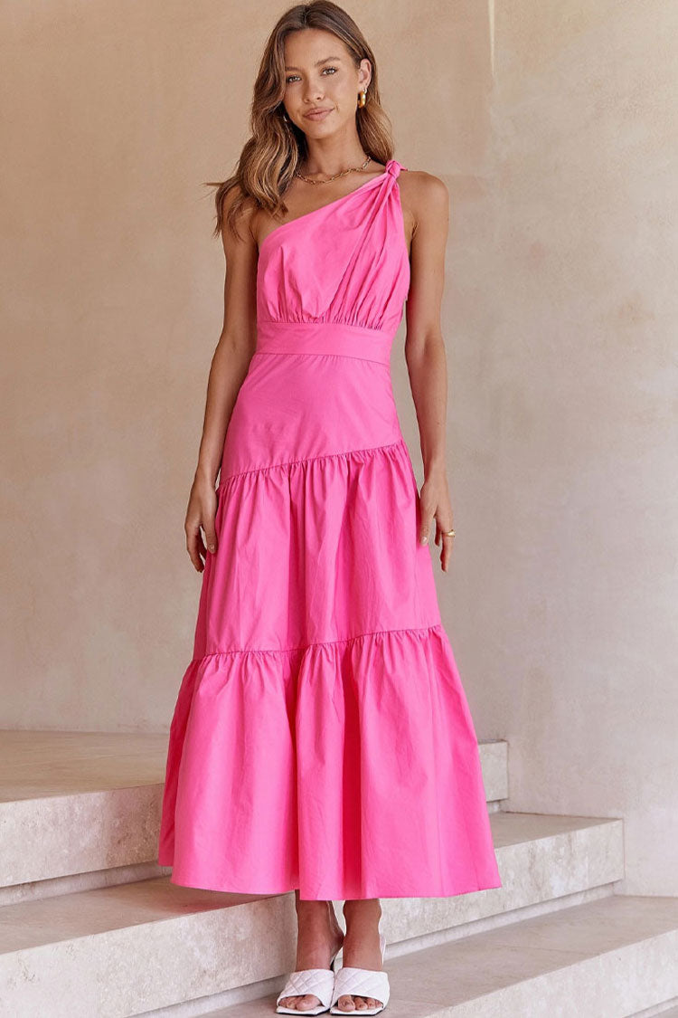 Flowy One Shoulder Tiered Beach Vacation Midi Dress - Rose