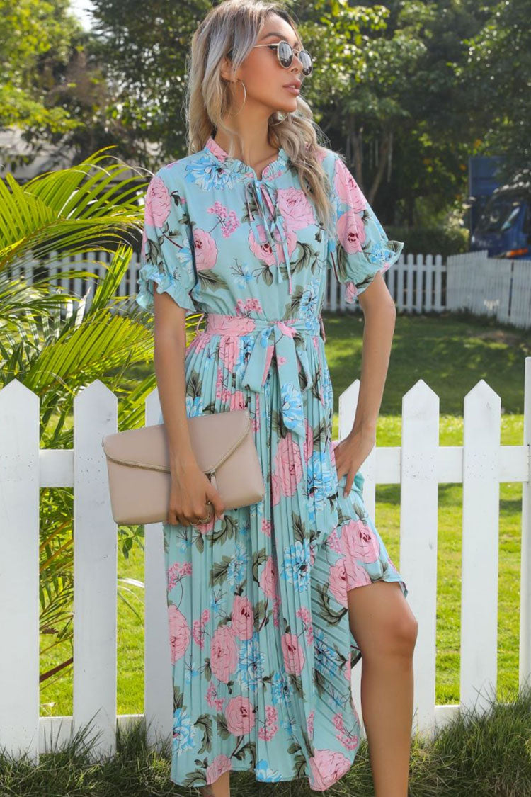 Flowy Tie Neck Puff Sleeve Pleated Floral Printed Midi Dress - Lake Blue