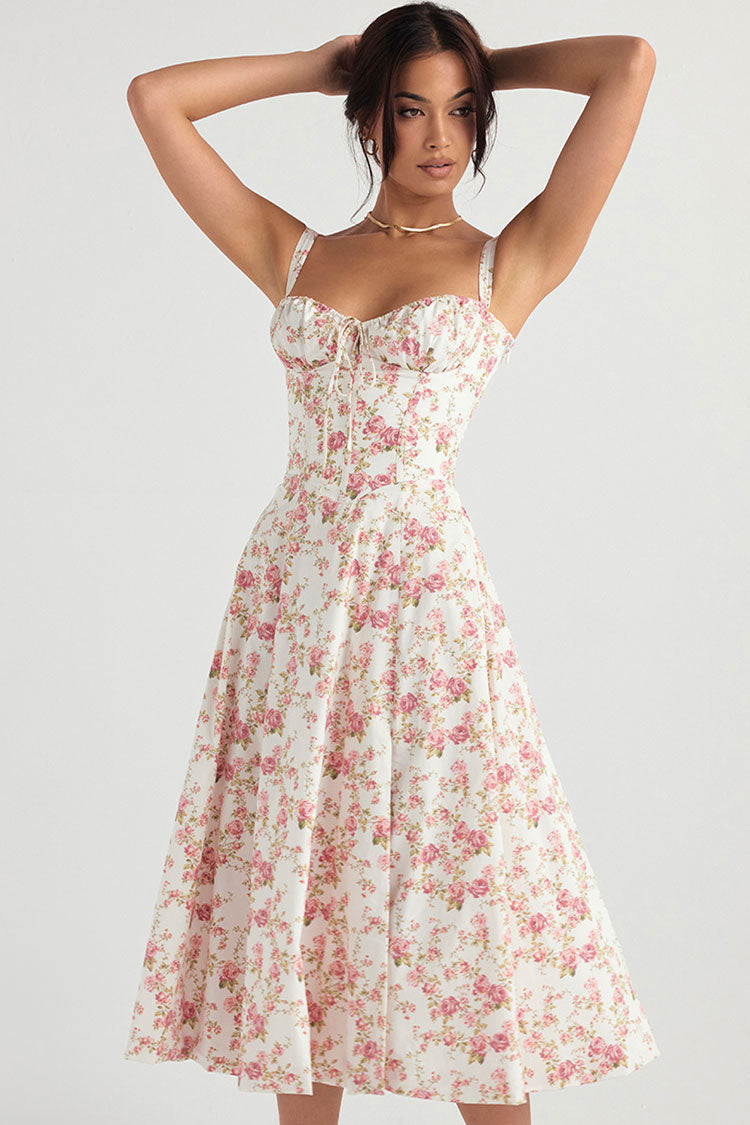 Fresh Bustier Tie Front Slit Floral Printed Midi Sundress - Pink