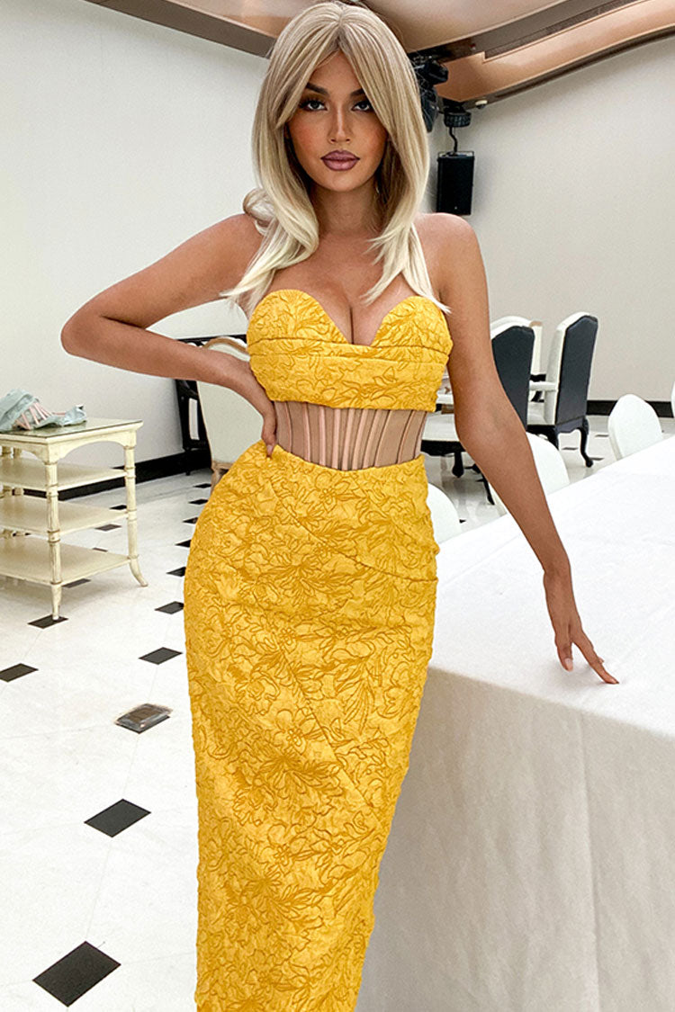 Glamorous Floral Jacquard Strapless Corset Cocktail Midi Dress - Yellow