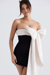 Glamorous Oversized Bow Trim Two Tone Satin Pleated Strapless Mini Dress - Black