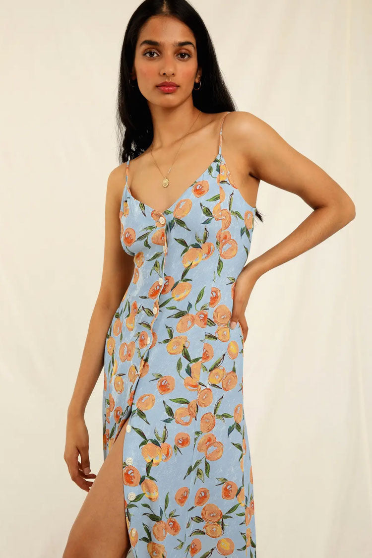 Groovy Fruit Printed Button Up French Style Slip Midi Dress -Blue