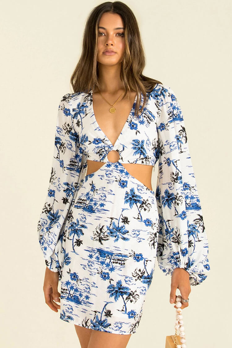 Holiday Floral V Neck Long Sleeve Cutout Printed Mini Dress - Blue