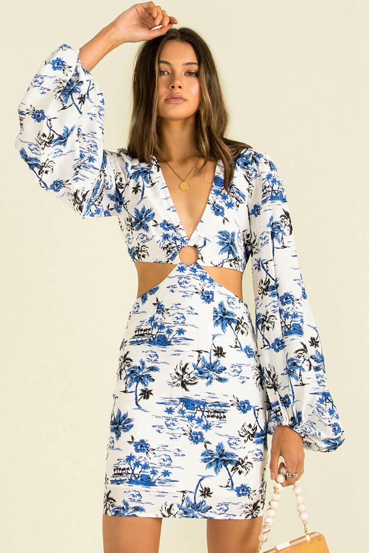 Holiday Floral V Neck Long Sleeve Cutout Printed Mini Dress - Blue