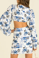 Holiday Floral V Neck Long Sleeve Cutout Printed Mini Dress - Blue