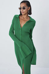 Long Sleeve Button Down Winter Sweater Maxi Dress - Emerald Green