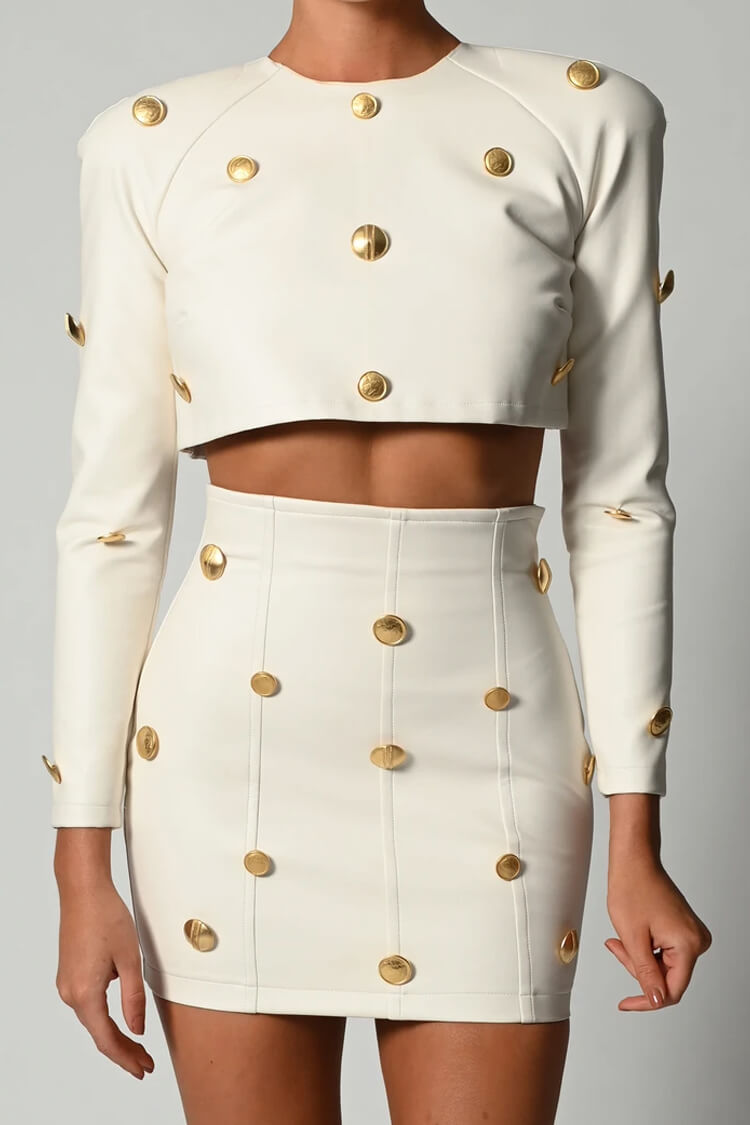 Long Sleeve Button Trim High Waist Mini Leather Two Piece Dress - White