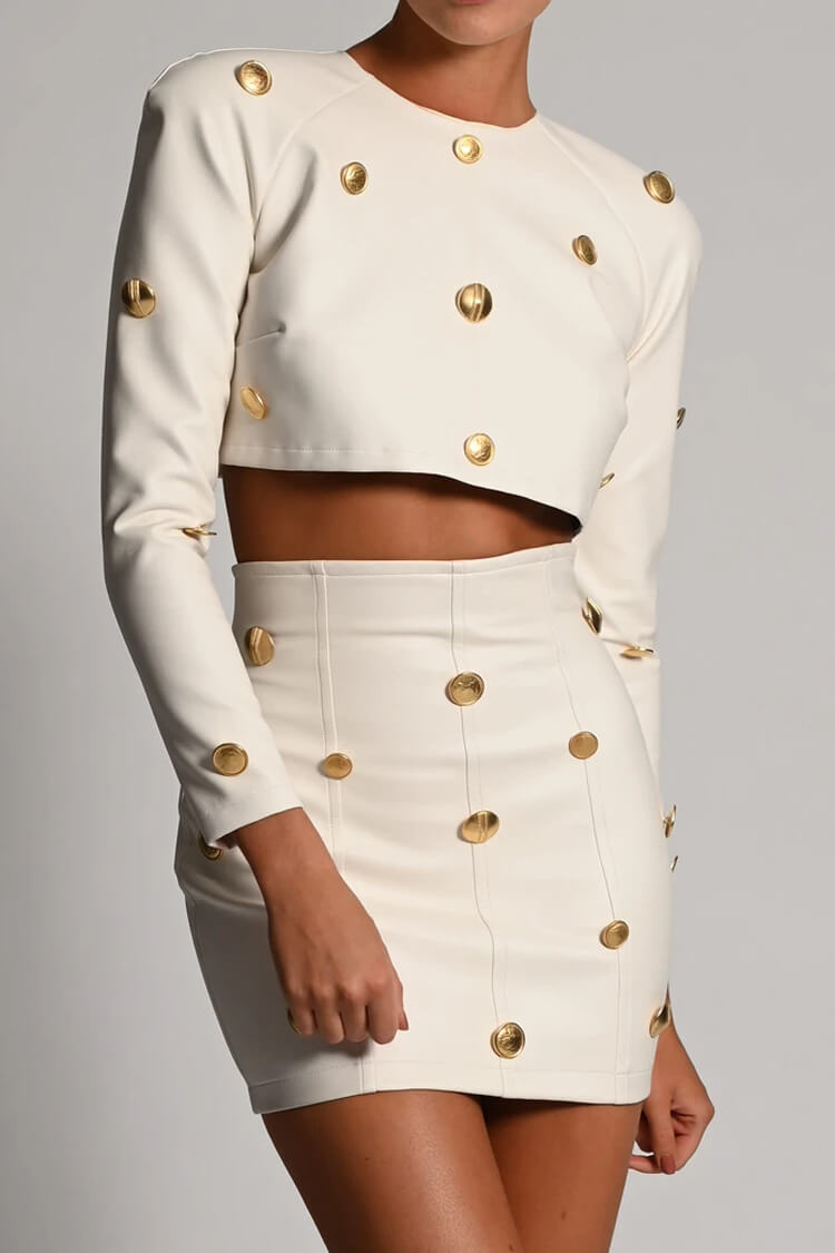 Long Sleeve Button Trim High Waist Mini Leather Two Piece Dress - White