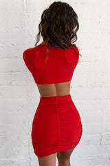 Long Sleeve Cut Out V Neck Ruched Bodycon Mini Dress - Red