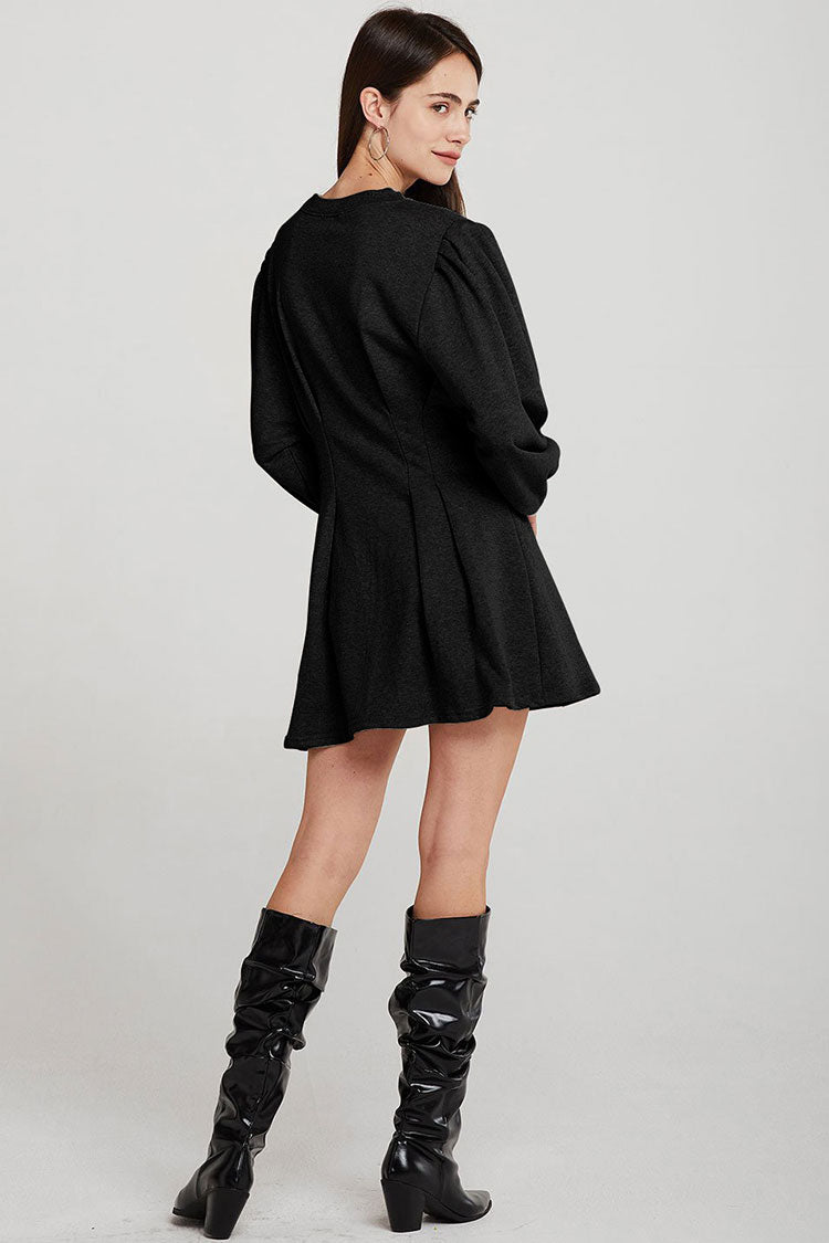 Long Sleeve Fit & Flare Round Neck Mini Sweatshirt Dress - Black