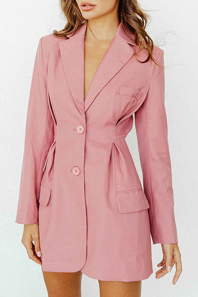 Long Sleeve Pleated Waist Lapel V Neck Mini Blazer Dress - Pink