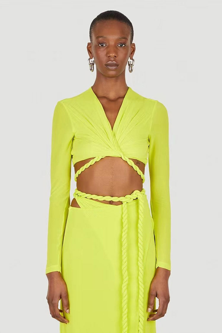 Long Sleeve Rope Wrap Top Split Skirt Two Piece Midi Dress - Lime Gree –  Lady Occasions